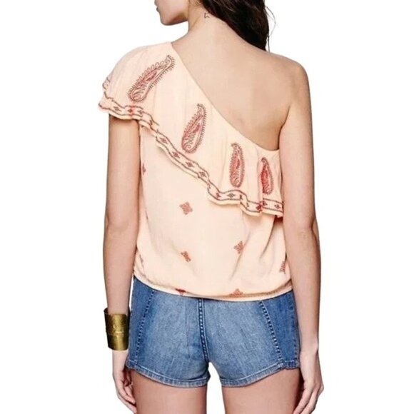 Free People Easy on the Eyes Pastel Orange Embroidered One-Shoulder Top - Picture 2 of 6